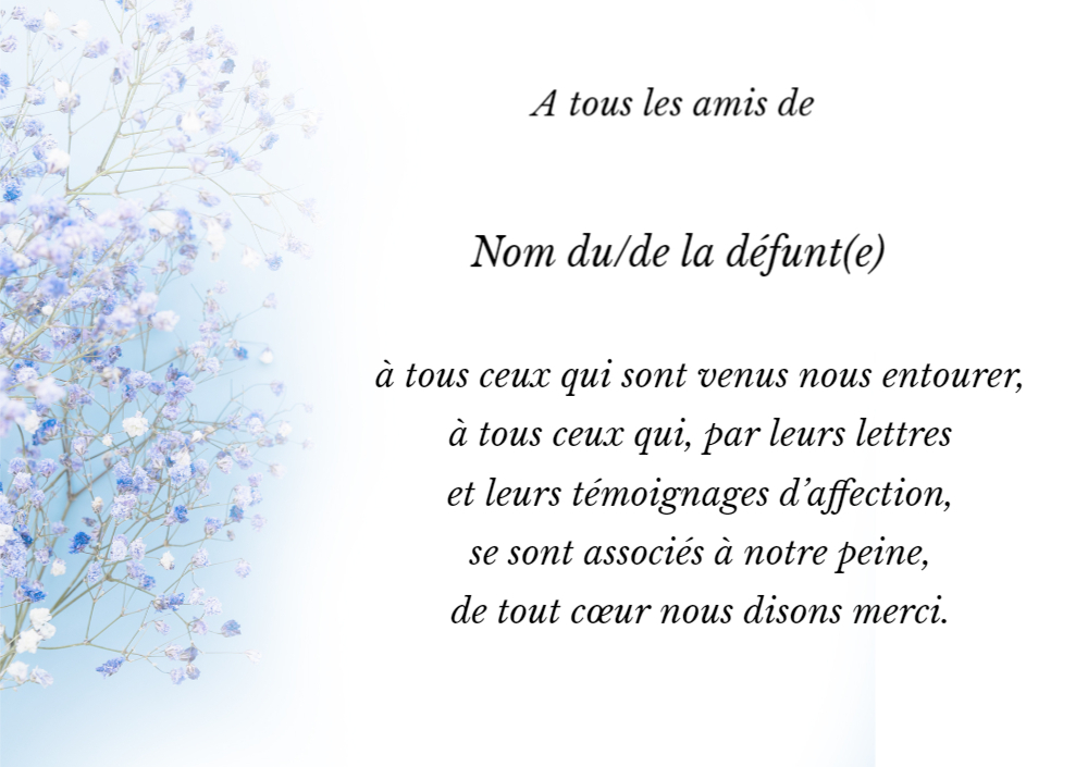 Modèle carte de décès texte 3 avec fleurs bleues